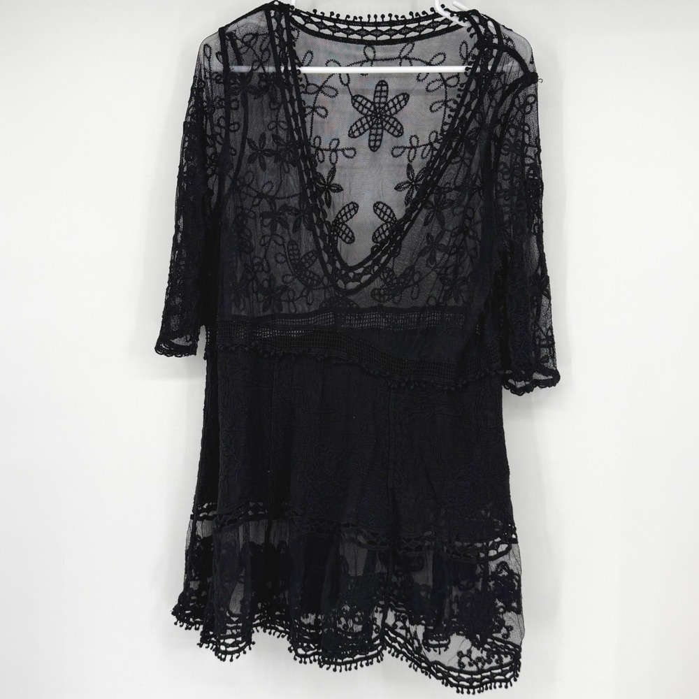 Black Lace Sheer Embroidered Floral V-Neck Tunic Top Whimsigoth Witchy